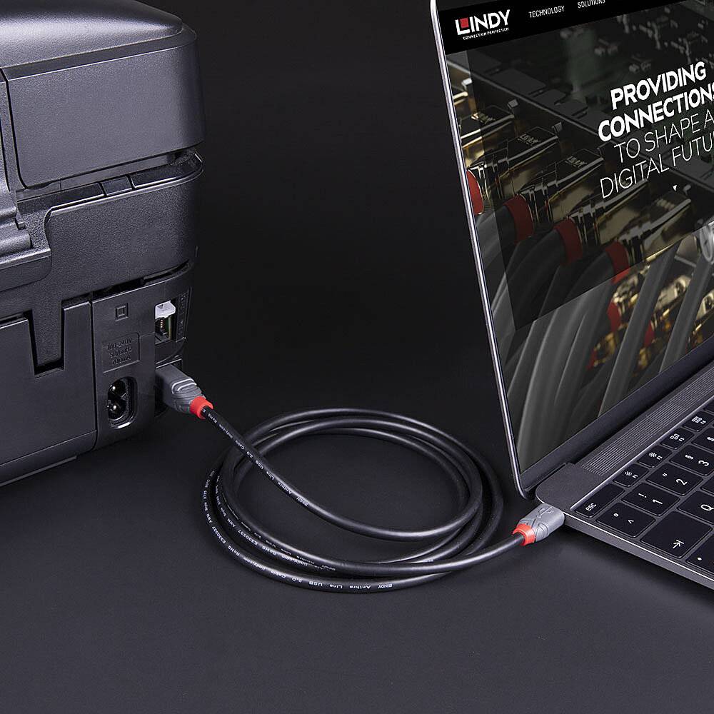 Laptop verbunden mit einem Drucker über Kabel, zeigt Vernetzungsmöglichkeit. Bildschirm mit Text über digitale Zukunft.