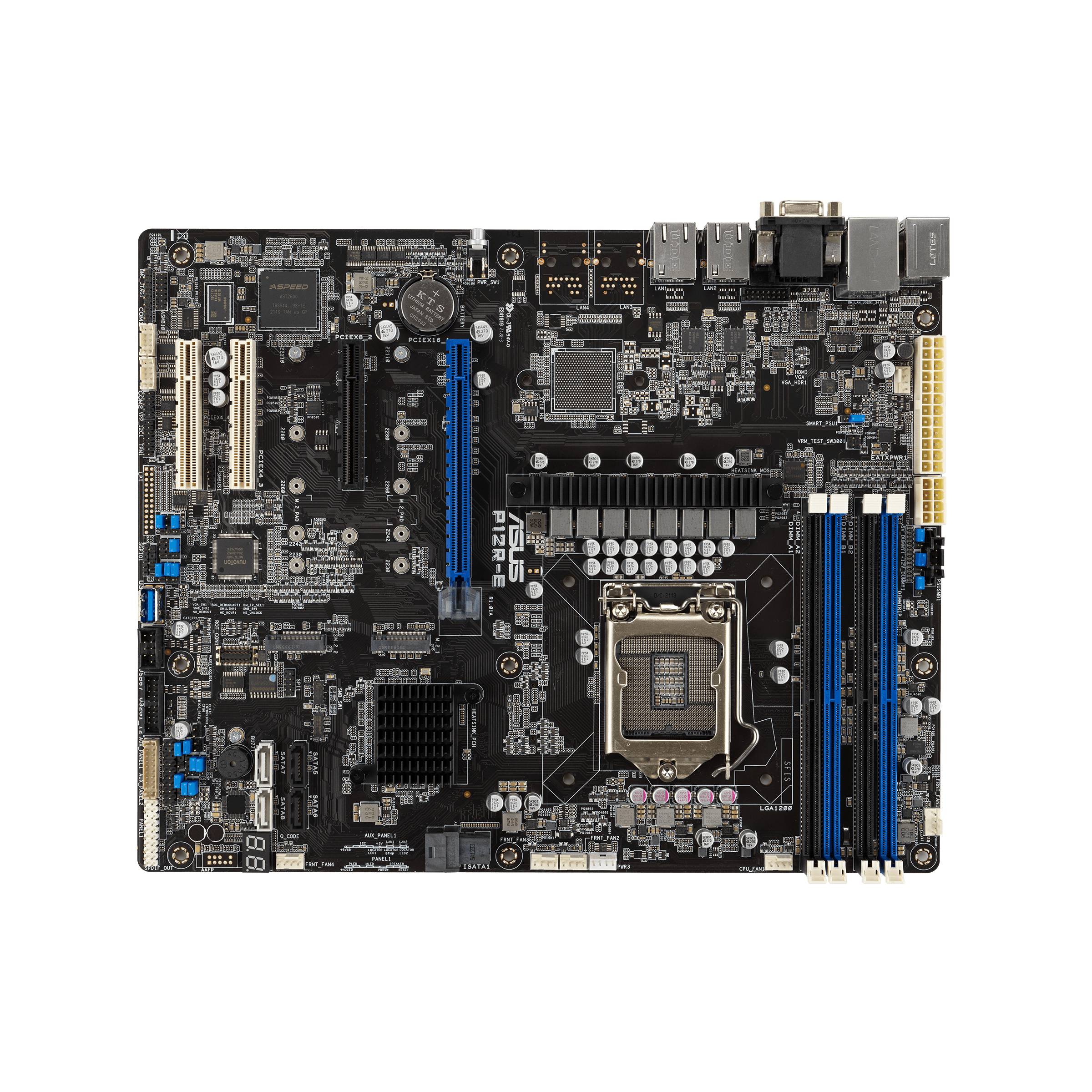 'Nahaufnahme eines Computer-Motherboards mit verschiedenen Anschlüssen und Steckplätzen für Prozessoren, RAM und Erweiterungskarten.'