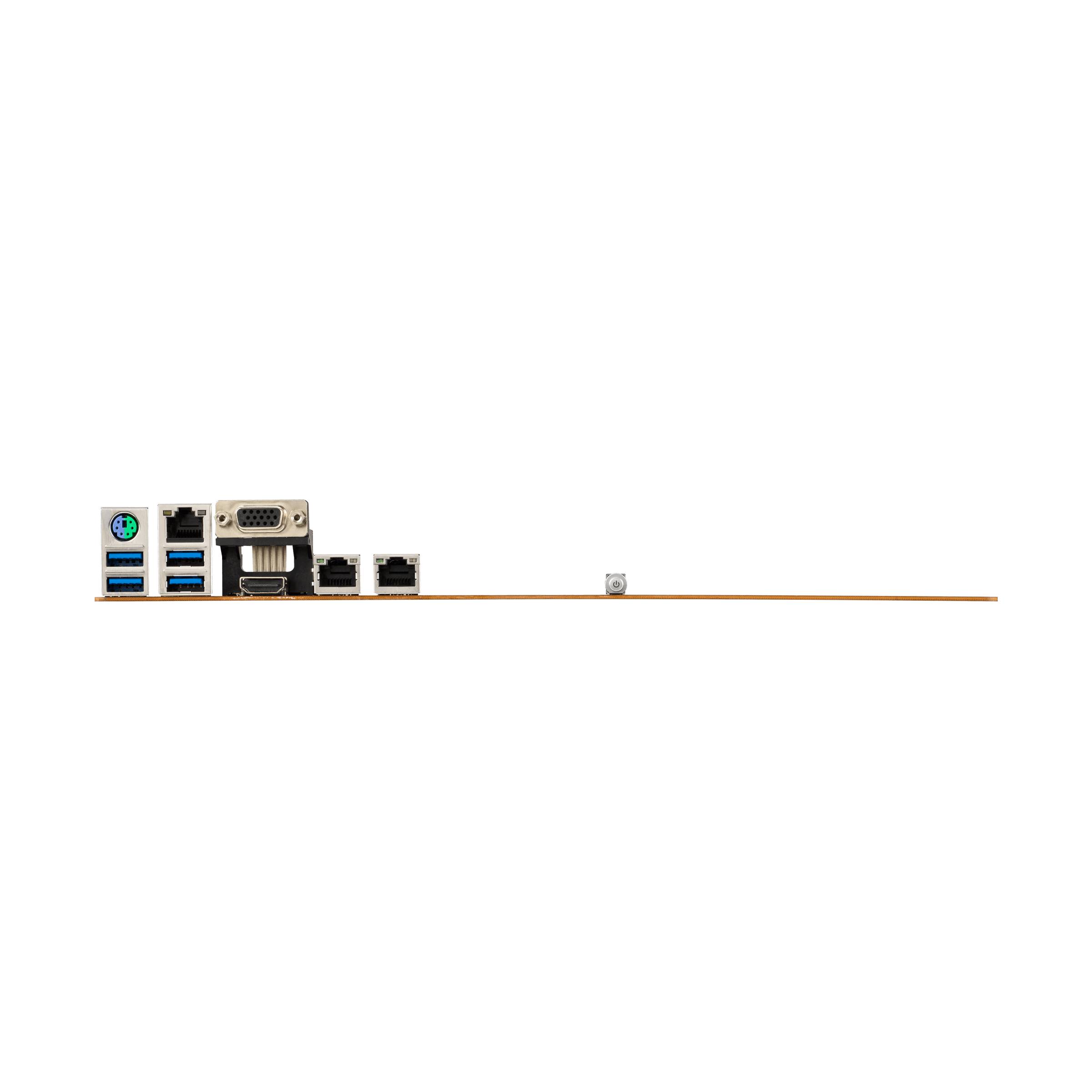 Anschlüsse auf der Rückseite eines Mainboards: USB, HDMI, Ethernet und Audioanschlüsse sichtbar.