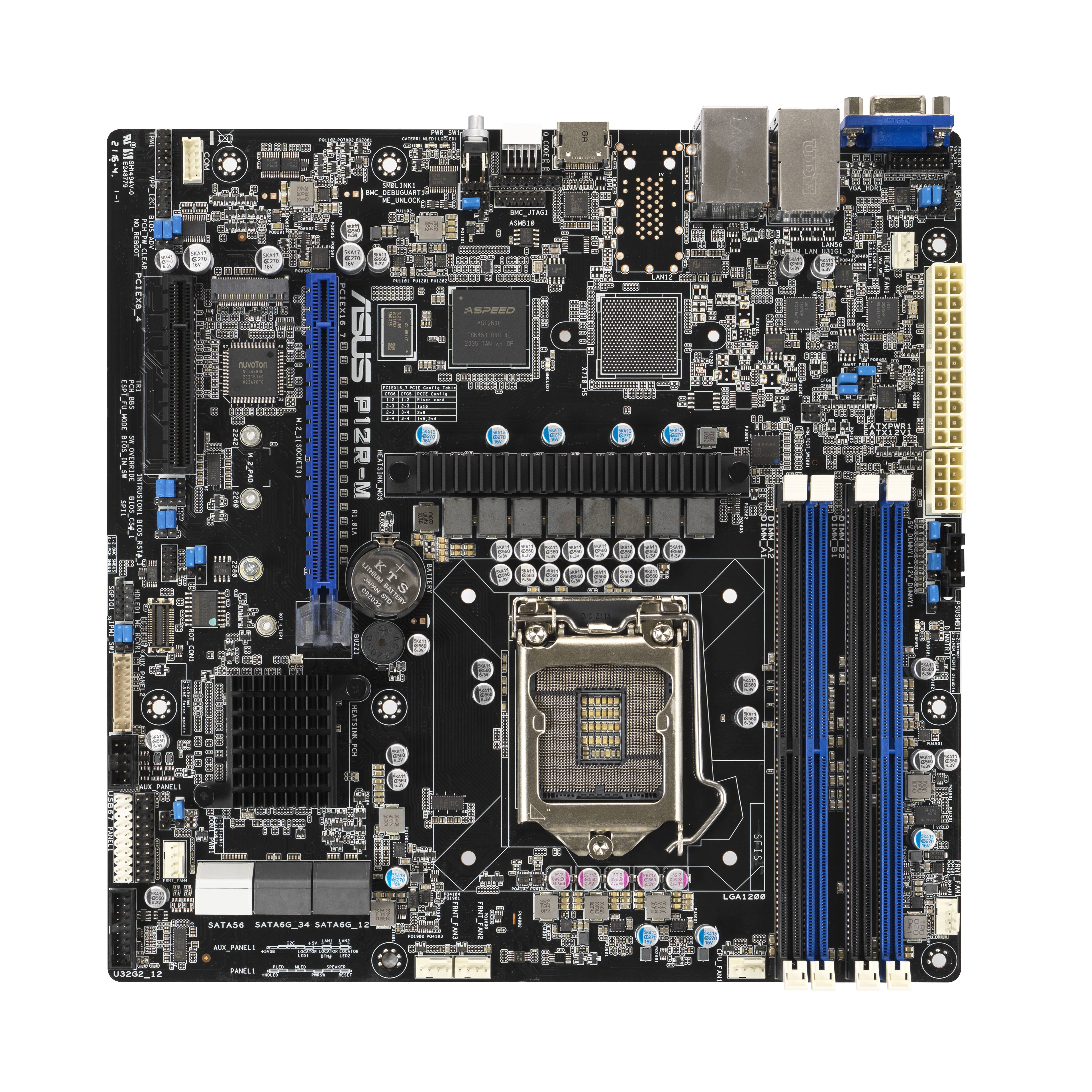 Computer-Mainboard mit Prozessorsteckplatz, RAM-Slots und verschiedenen Anschlüssen. Details zeigen Schaltkreise und Elektronik.