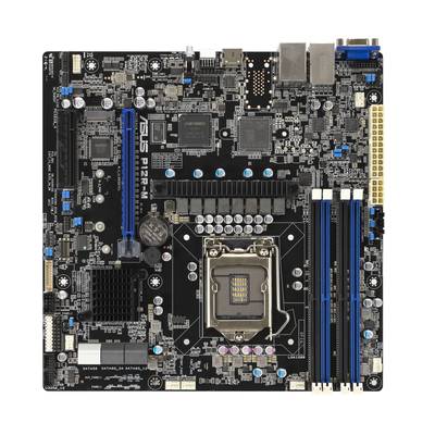 Computer-Mainboard mit Prozessorsteckplatz, RAM-Slots und verschiedenen Anschlüssen. Details zeigen Schaltkreise und Elektronik.