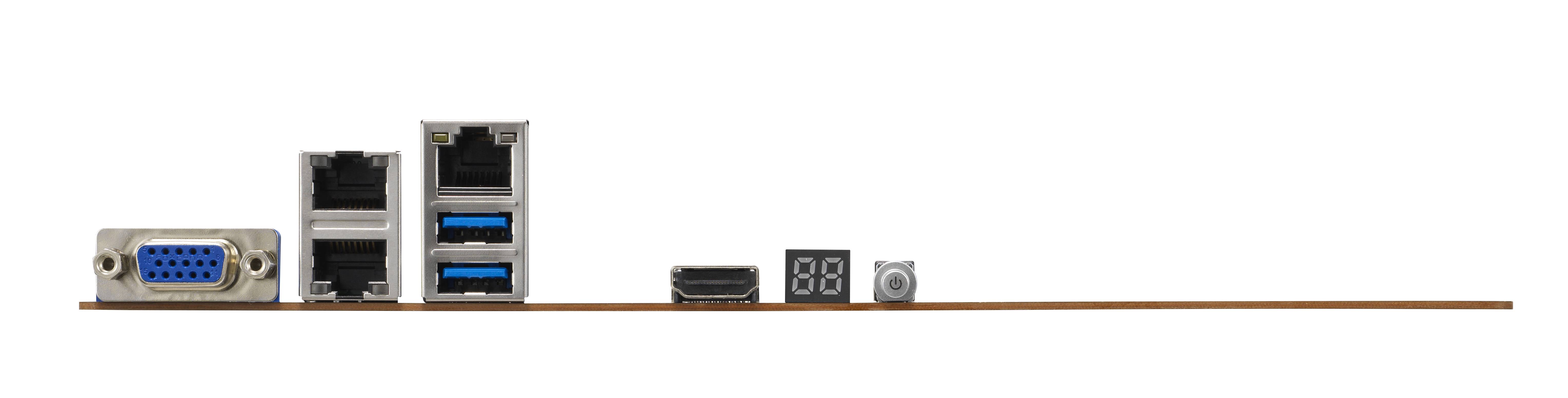 Anschlüsse auf einem Mainboard: VGA, zwei LAN-Ports, vier USB-Anschlüsse, HDMI, Audio, und ein Netzschalter. 