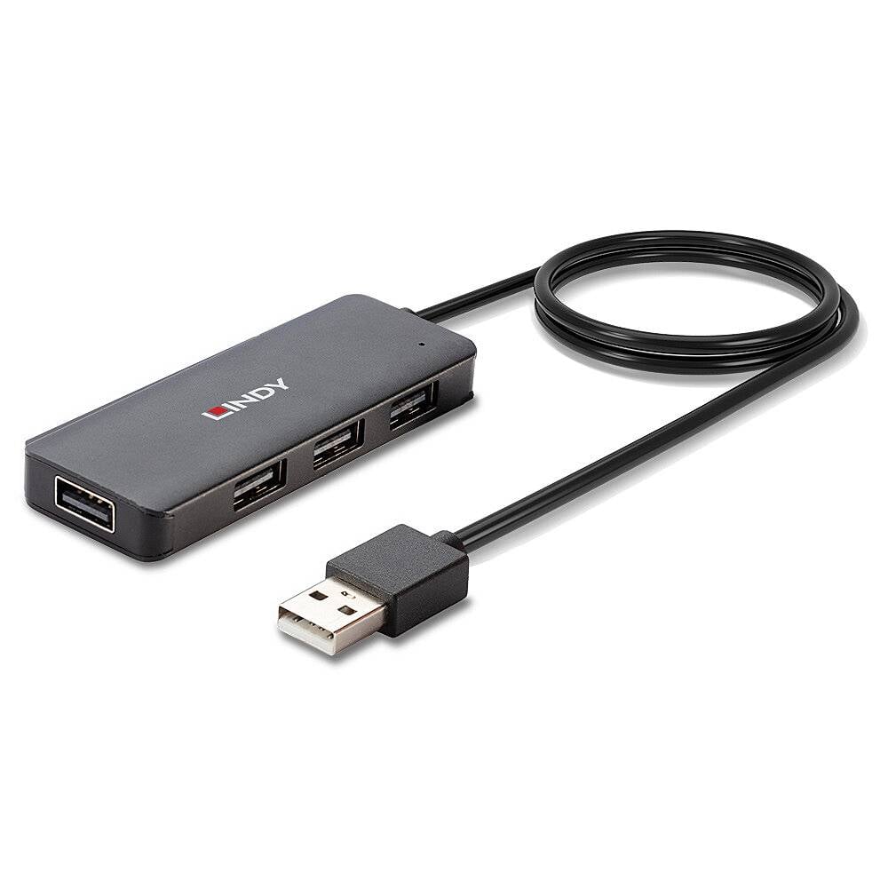 Ein schwarzer USB-Hub mit vier Anschlüssen, verbunden über ein Kabel mit einem USB-Stecker.