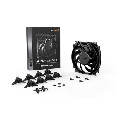 Lüfter 'Silent Wings 4' von be quiet! in einer Verpackung mit Zubehör, darunter Montageclips und Schrauben, daneben liegender Lüfter.