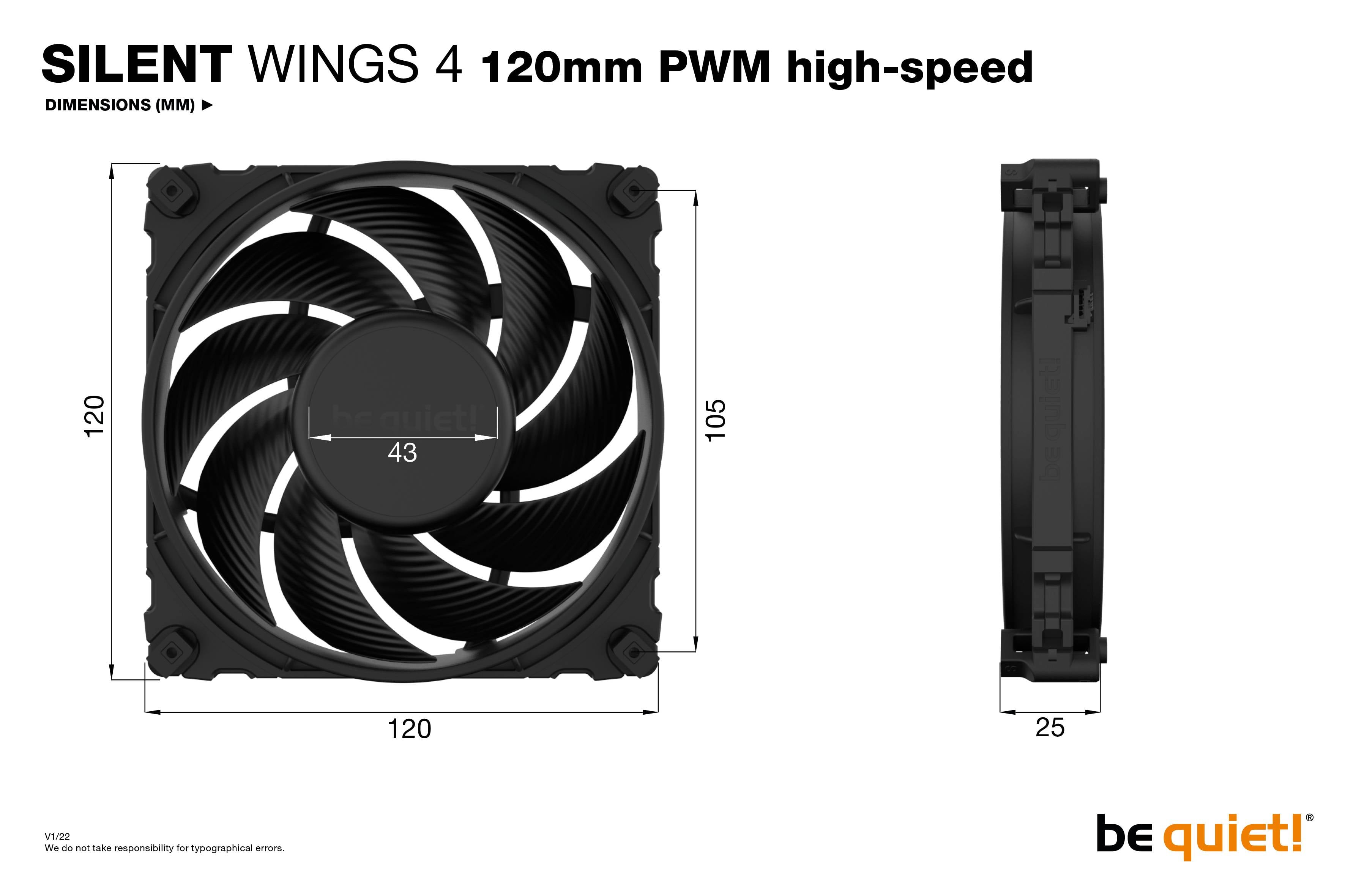 Lüfter 'SILENT WINGS 4', 120mm, PWM high-speed, Maße: 120x120x25mm. Links: Vorderansicht, rechts: Seitenansicht. Marke: be quiet!.