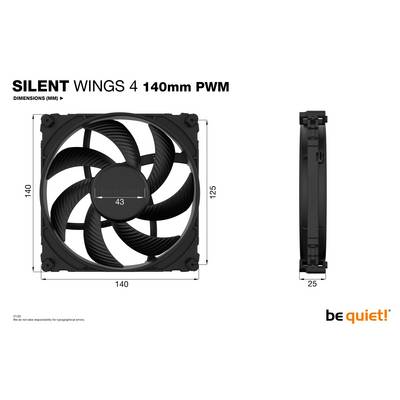 'Lüftermodell: Silent Wings 4, 140mm PWM. Abmessungen: 140mm x 140mm x 25mm. Markenlogo: be quiet!'