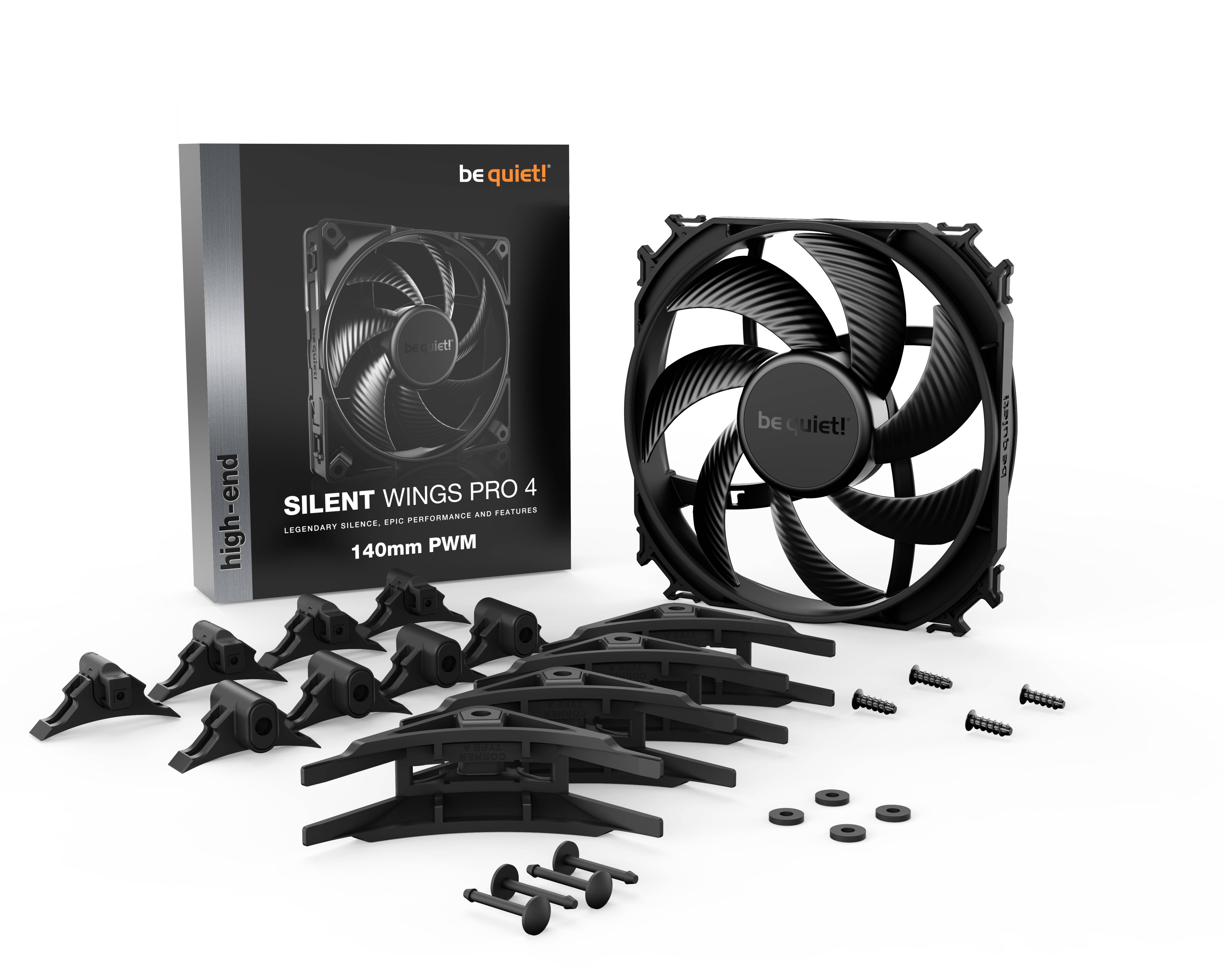 'Be quiet! Silent Wings Pro 4' Lüfterset mit Zubehör: 140mm Lüfter, Montageschienen, Schrauben und Box. Hochleistungs-PC-Komponente.