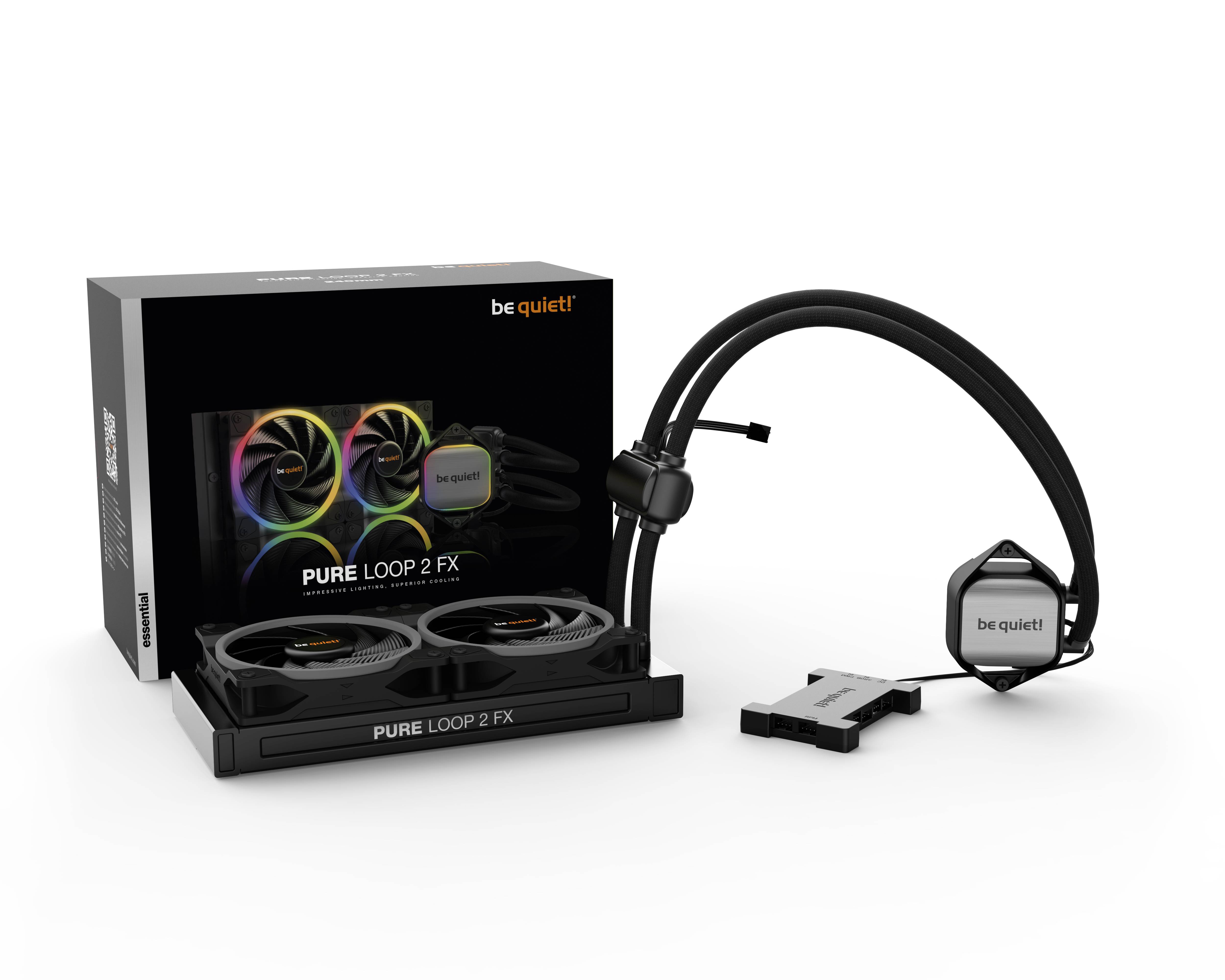 be quiet! Pure Loop 2 FX Flüssigkeitskühler mit zwei RGB-Lüftern, Pumpeneinheit und Verpackung.