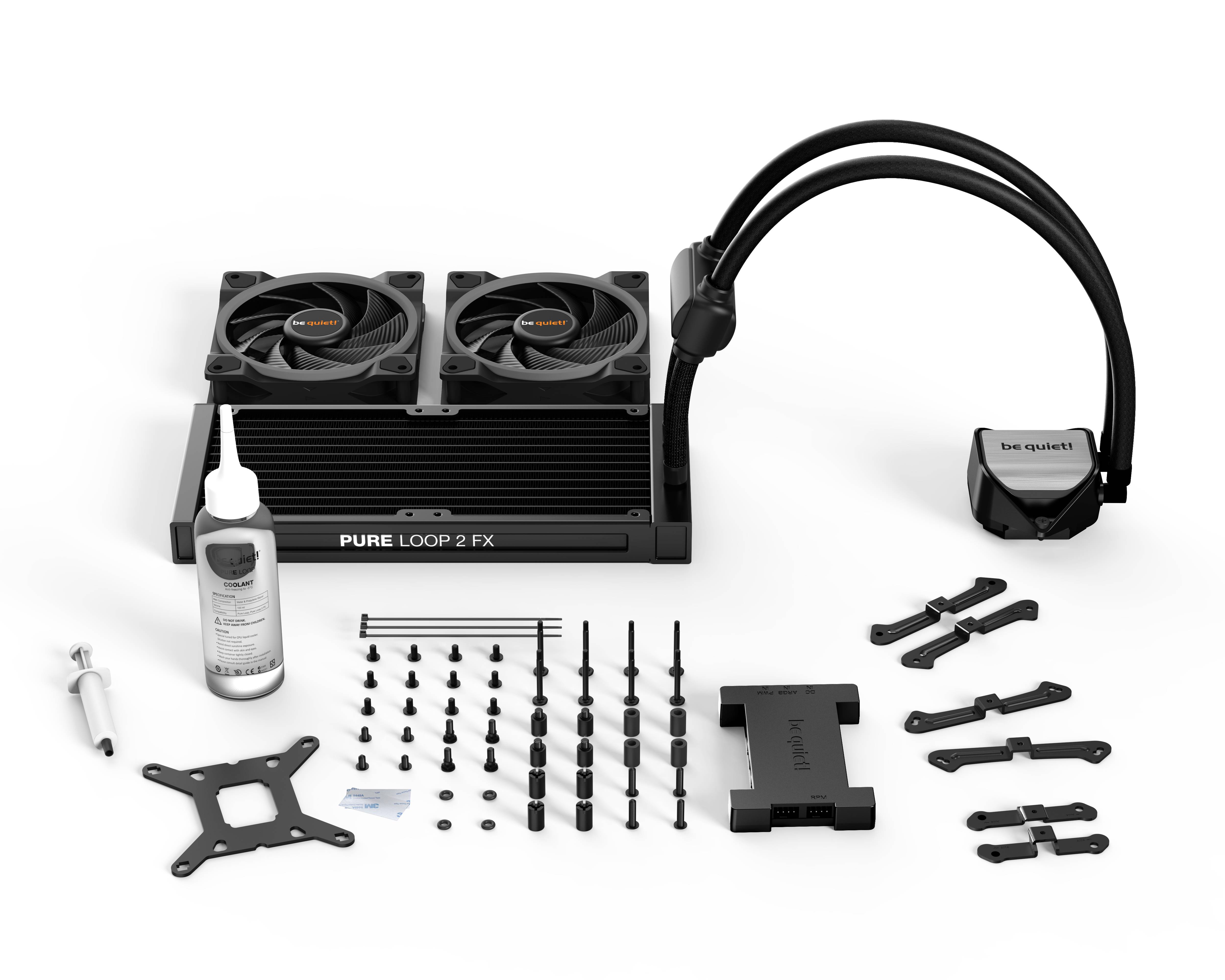 Bild zeigt den Inhalt eines CPU-Wasserkühlersets: Radiator mit zwei Lüftern, Pumpe, Flüssigmetallpaste, Schrauben und Montagezubehör.