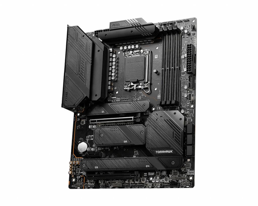 Ein modernes Motherboard mit mehreren PCIe-Steckplätzen und RAM-Bänken, geeignet für High-Performance-Computing.