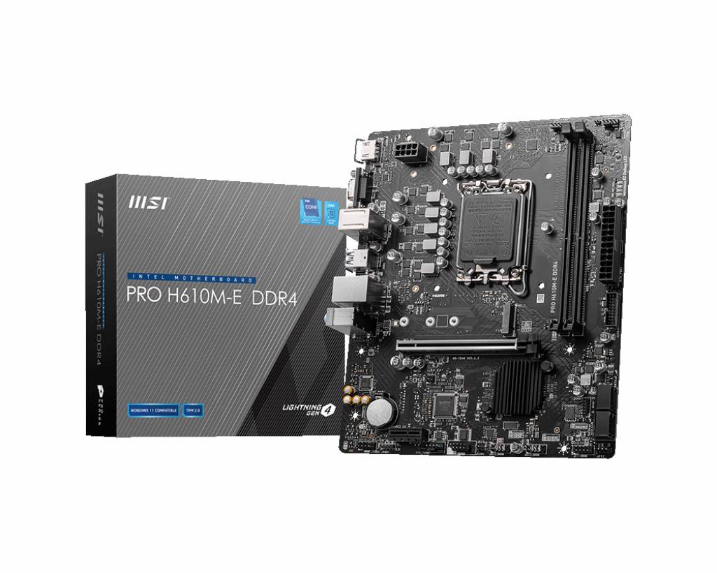 'MSI PRO H610M-E DDR4 Motherboard' neben der Verpackung gezeigt, mit Intel-Logo und Unterstützung für DDR4-Speicher.