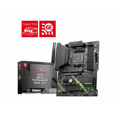 Mainboard MSI MAG B550 TOMAHAWK MAX WIFI mit Verpackung. Hervorgehobene Merkmale: Kupfer PCB 2oz, WiFi 6E.