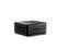 Ein kompakter, schwarzer Mini-PC mit mehreren USB-Anschlüssen und einem Netzschalter an der Vorderseite, auf einem weißen Hintergrund.