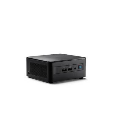 Ein kleiner, schwarzer, rechteckiger Mini-PC mit Anschlüssen an der Vorderseite und Lüftungsschlitzen an der Seite auf weißem Hintergrund.