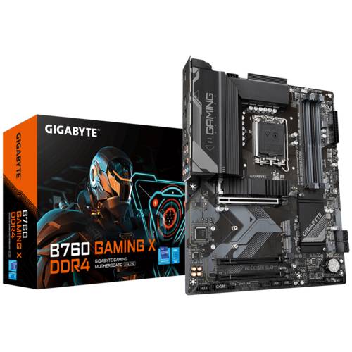 Computer-Motherboard und Verpackung von GIGABYTE B760 GAMING X DDR4, geeignet für Gaming-Anwendungen mit stilvollem, futuristischem Design.