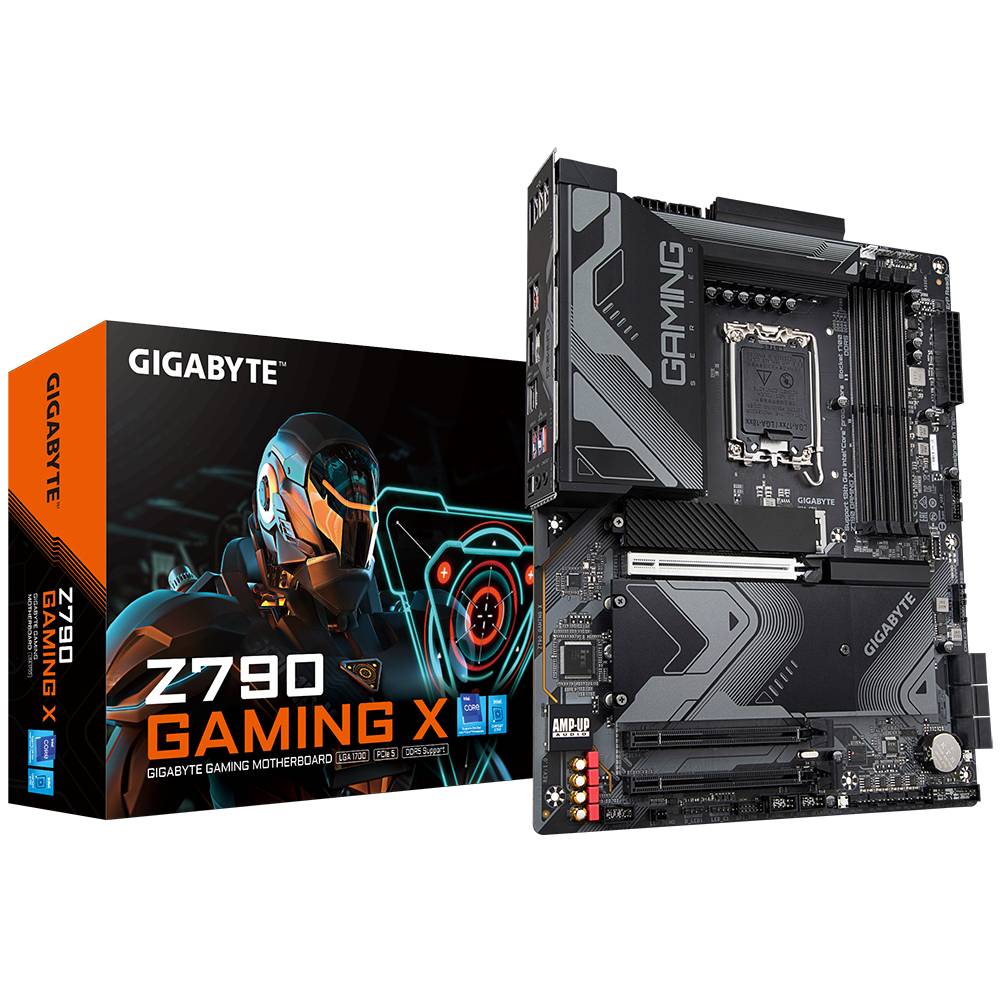 Mainboard für Gaming 'Gigabyte Z790 Gaming X' und Verpackung. Schwarz mit futuristischem Design; unterstützt aktuelle Hardware-Standards.
