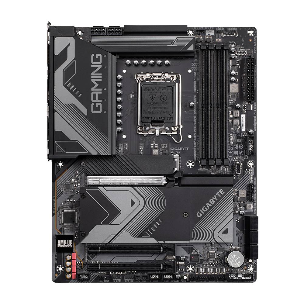Motherboard mit 'GAMING'-Aufschrift, mehreren Anschlüssen und Steckplätzen, geeignet für Computer-Hardware-Installationen.