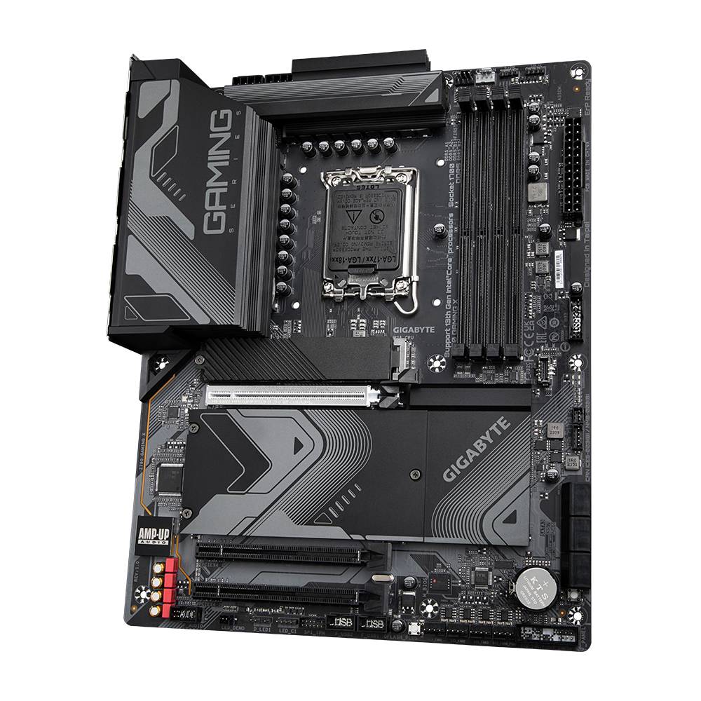 Das Bild zeigt ein Gigabyte-Mainboard mit einem LGA 1200 Sockel und mehreren RAM-Steckplätzen, geeignet für leistungsstarke Computeranwendungen.