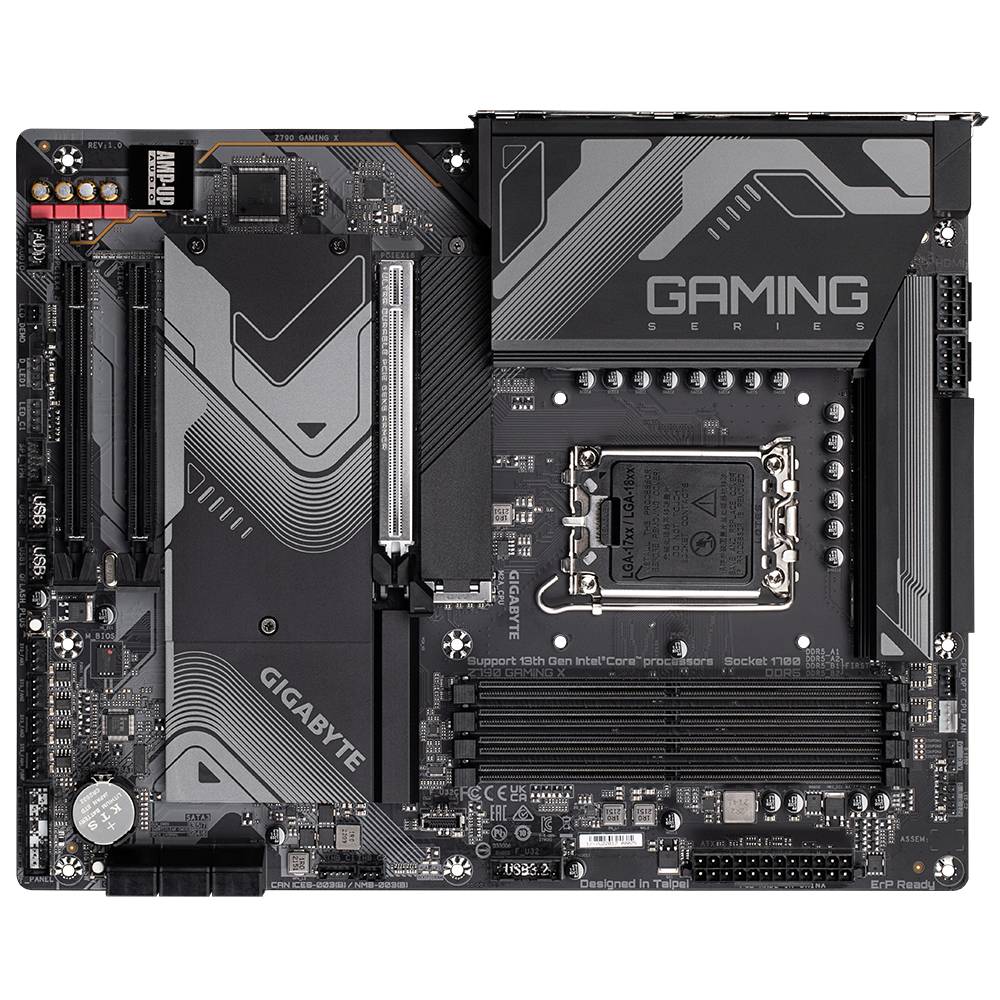 Mainboard mit Beschriftungen 'GIGABYTE' und 'GAMING SERIES'. Sichtbare CPU-Fassung, RAM-Slots, PCIe-Slots und Kühlkörper.