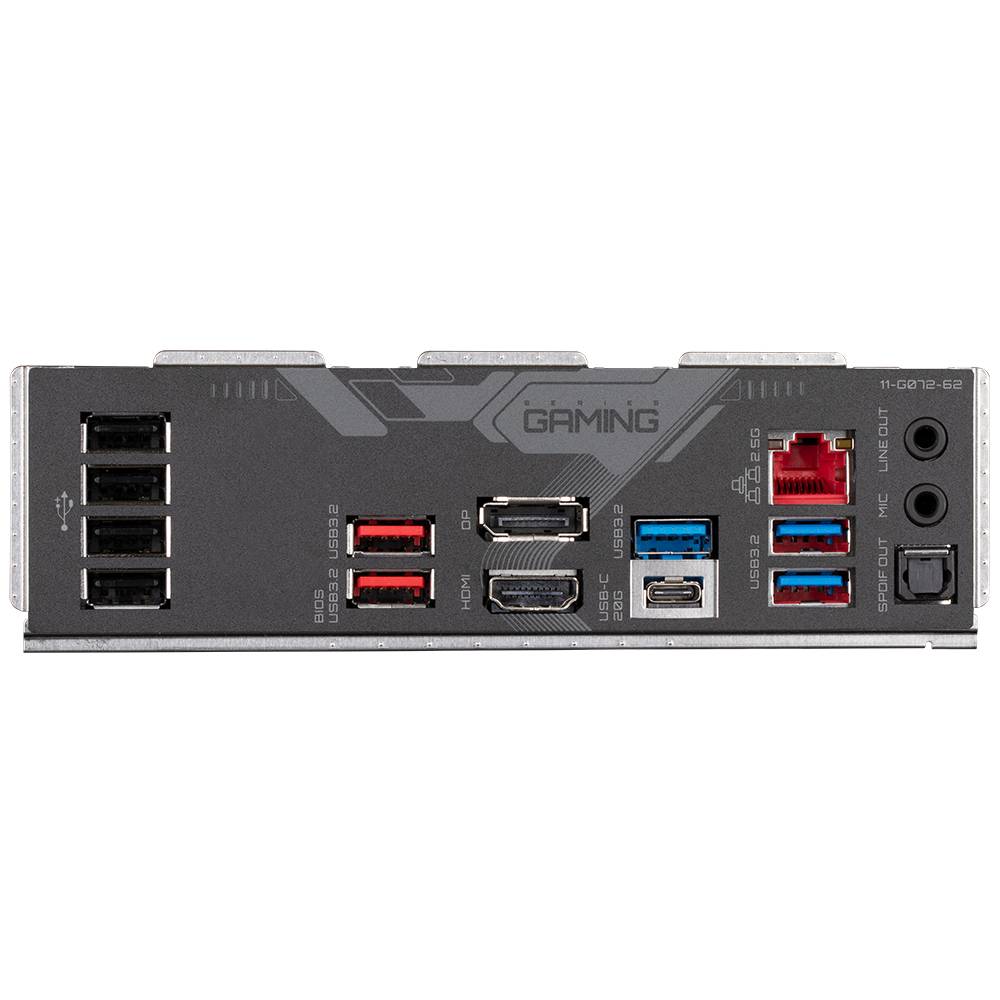 Die Rückseite eines Gaming-Motherboards mit USB-Anschlüssen, HDMI, DisplayPort, Ethernet und Audioanschlüssen.
