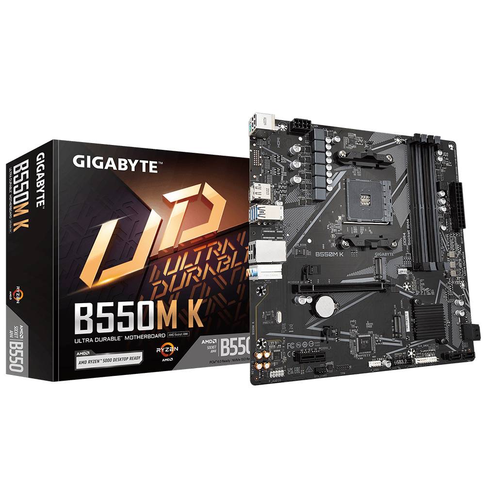 'Gigabyte B550M K'-Mainboard neben der Verpackung. Enthält mehrere Anschlüsse und Slots, optimiert für AMD Ryzen 3000. Verpackung zeigt 'Ultra Durable'.