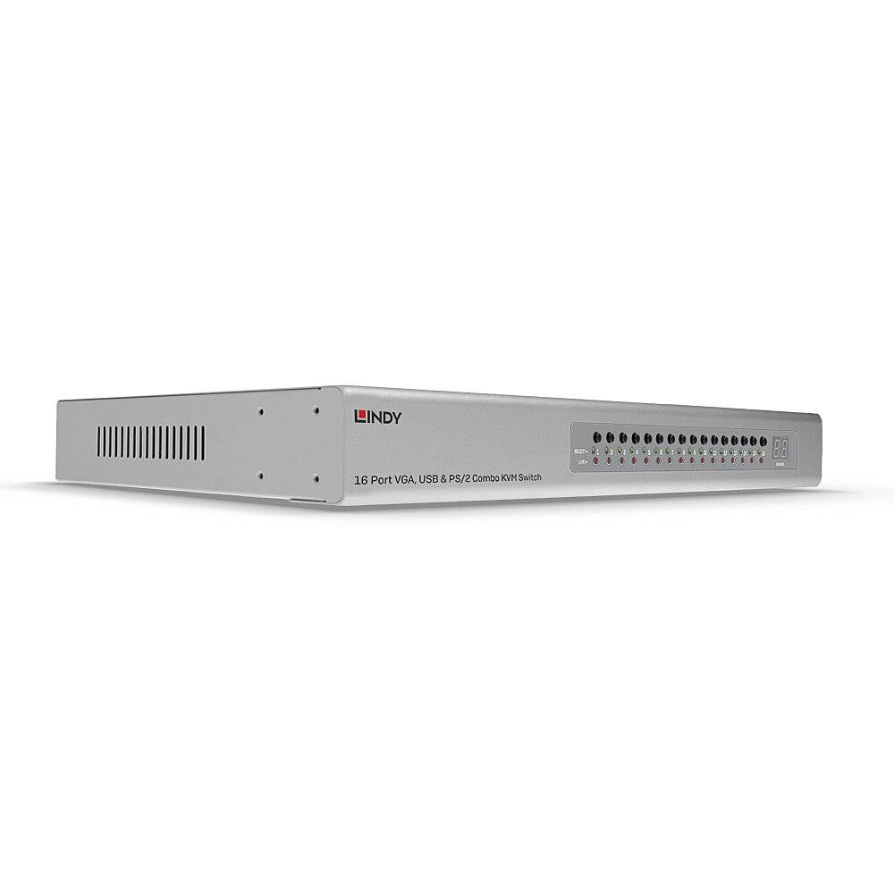 Ein silberner VGA USB KVM-Switch mit 16 Ports. Vorderseite zeigt nummerierte Ports und LED-Anzeigen zur Statusanzeige der Verbindungen.