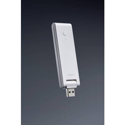 Ein weißer USB-Stick mit einer LED-Anzeige und der Aufschrift 'Aqara', schwebt vor einem dunklen Hintergrund.