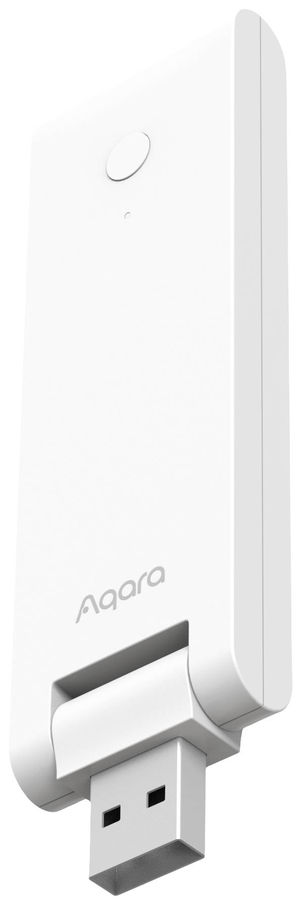 Weißer USB-Stick von Aqara, vertikal positioniert. Enthält einen Knopf oben und den USB-Anschluss unten.