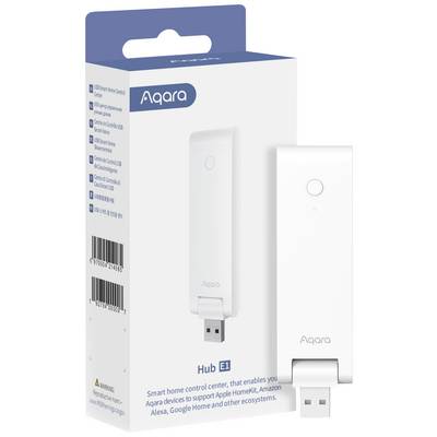 Verpackung und Produkt eines weißen Aqara Hub E1, einem Smart-Home-Steuerungselement zur Integration mit Apple HomeKit und anderen Systemen.