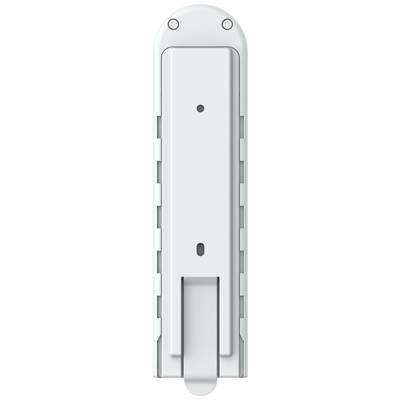 Ein weißes elektrisches Gerät mit rechteckiger Form und abgerundeten Ecken, möglicherweise ein Router oder Modem, von oben betrachtet.