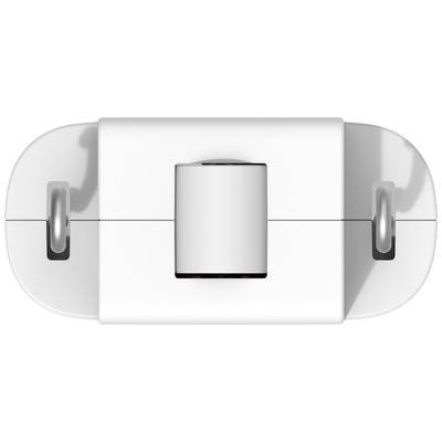 Ein weißer Kunststoffstecker mit zwei Metallstiften, anscheinend elektronisches Zubehör, auf weißem Hintergrund.