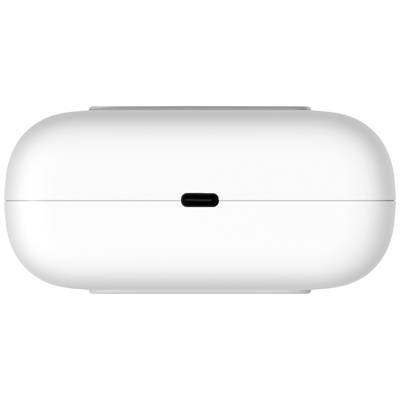 Eine weiße, ovale Ladehülle mit einem USB-C-Anschluss in der Mitte, vermutlich für kabellose Ohrhörer.