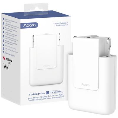Verpackung eines Aqara Curtain Driver E1, kompatibel mit Zigbee 3.0. Unterstützt Sprachsteuerung, Apple Siri, Amazon Alexa, Google Assistant.