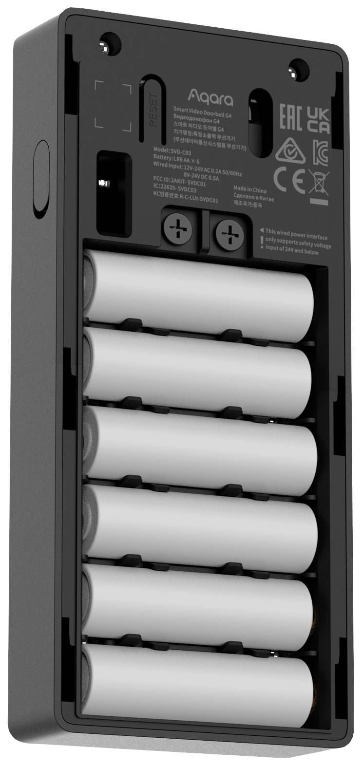 'Aqara' Batteriefach mit elf weißen Batterien, Rückseite des Geräts.