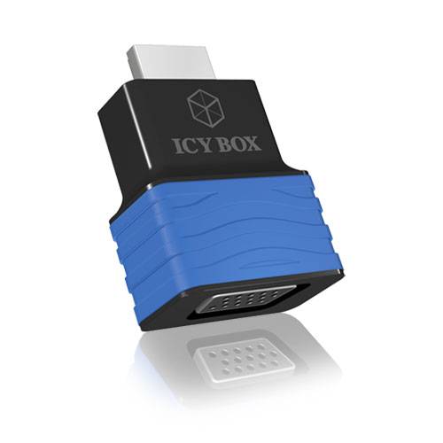 Ein HDMI-auf-VGA-Adapter mit blauem und schwarzem Gehäuse, markiert mit 'ICY BOX', dient zum Verbinden von HDMI-Geräten mit VGA-Displays.