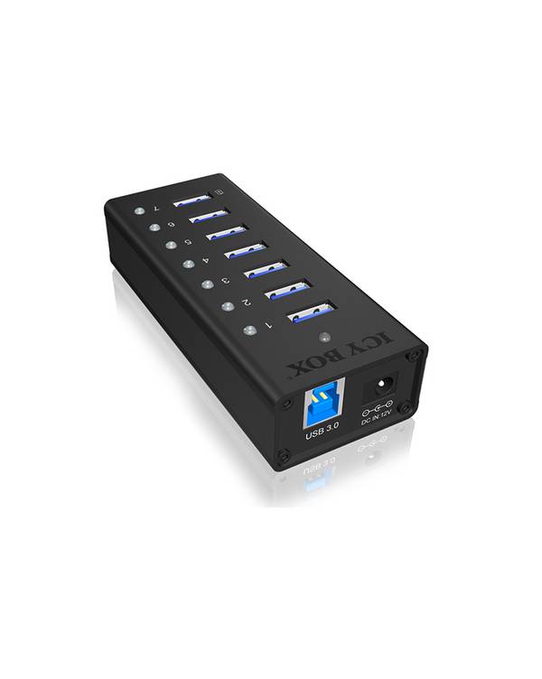 IB-AC618, 7 Port USB 3.2 Gen 1 Hub mit 1x Tablettladeport, Vollmetall, mit 12V 3A Netzteil, schwarz