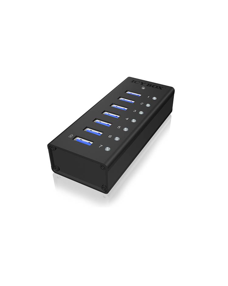 USB-Hub mit sieben blauen USB-Anschlüssen auf der Oberseite. Schwarzes, rechteckiges Gehäuse mit der Aufschrift 'ICY BOX'.