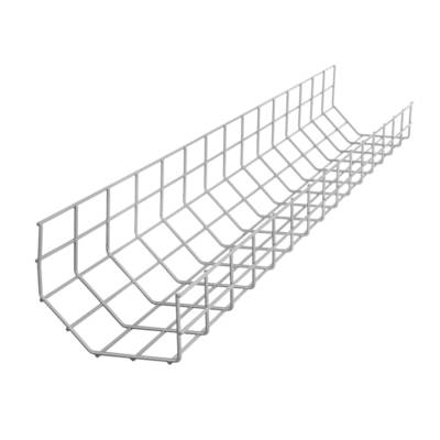 Metallgitterkabelrinne für Kabelmanagement, zur Wand- oder Deckenmontage, ideal für Büro- und Industrieumgebungen.