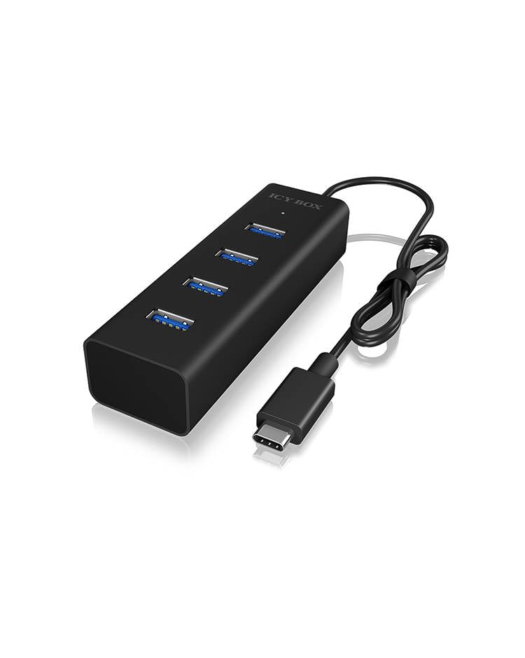 'Schwarzer USB-Hub mit vier USB-Anschlüssen und einem USB-C-Kabel.'