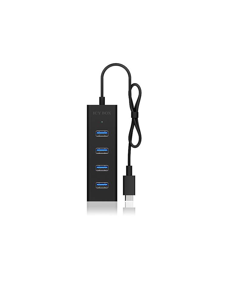 Ein schwarzer USB-Hub mit vier blauen USB-Anschlüssen und einem USB-C-Kabel.