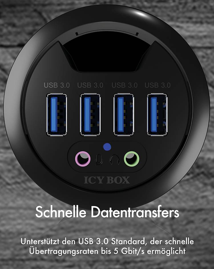 'Schwarzes USB-Hub mit vier USB 3.0 Anschlüssen. Text: Schnelle Datentransfers. Unterstützt Übertragungsraten bis 5 Gbit/s.'