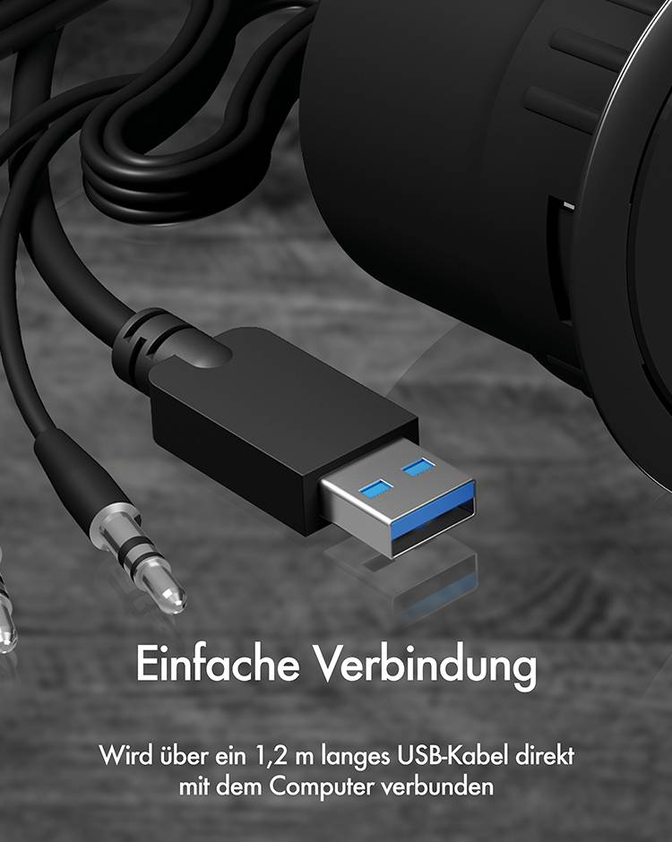 USB-Anschluss und Audiokabel auf grauem Hintergrund. Text: 'Einfache Verbindung. Wird über ein 1,2 m langes USB-Kabel direkt mit dem Computer verbunden.'