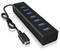 'Schwarzer USB-Hub mit sieben Anschlüssen und USB-C-Kabel. Ideal für den Anschluss mehrerer Geräte an einen Computer.'