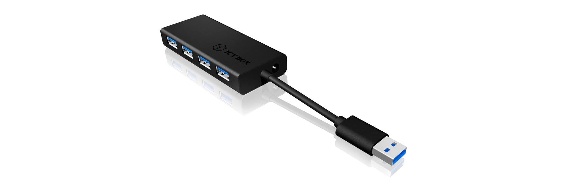 Ein schwarzer USB-3.0-Hub mit vier Anschlüssen und einem kurzen Kabel.
