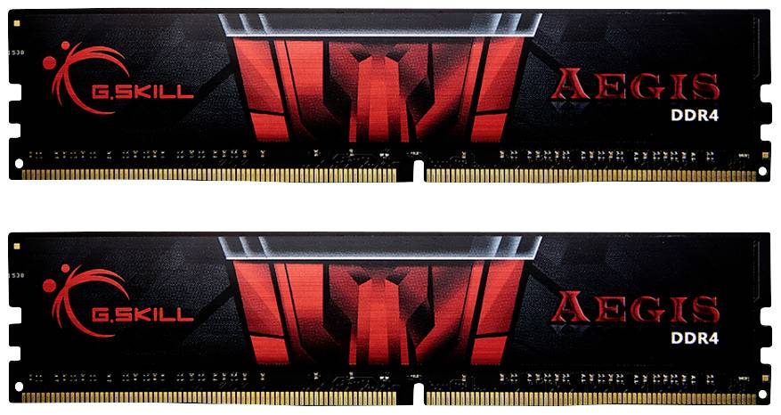 Zwei G.Skill Aegis DDR4 RAM-Module mit schwarzem und rotem Design, ideal für Gaming und Performance-Nutzer.