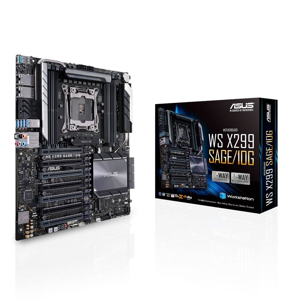 Computer-Motherboard 'ASUS WS X299 SAGE/10G' mit zugehöriger Verpackung. Eignet sich für anspruchsvolle Workstation-Anwendungen.