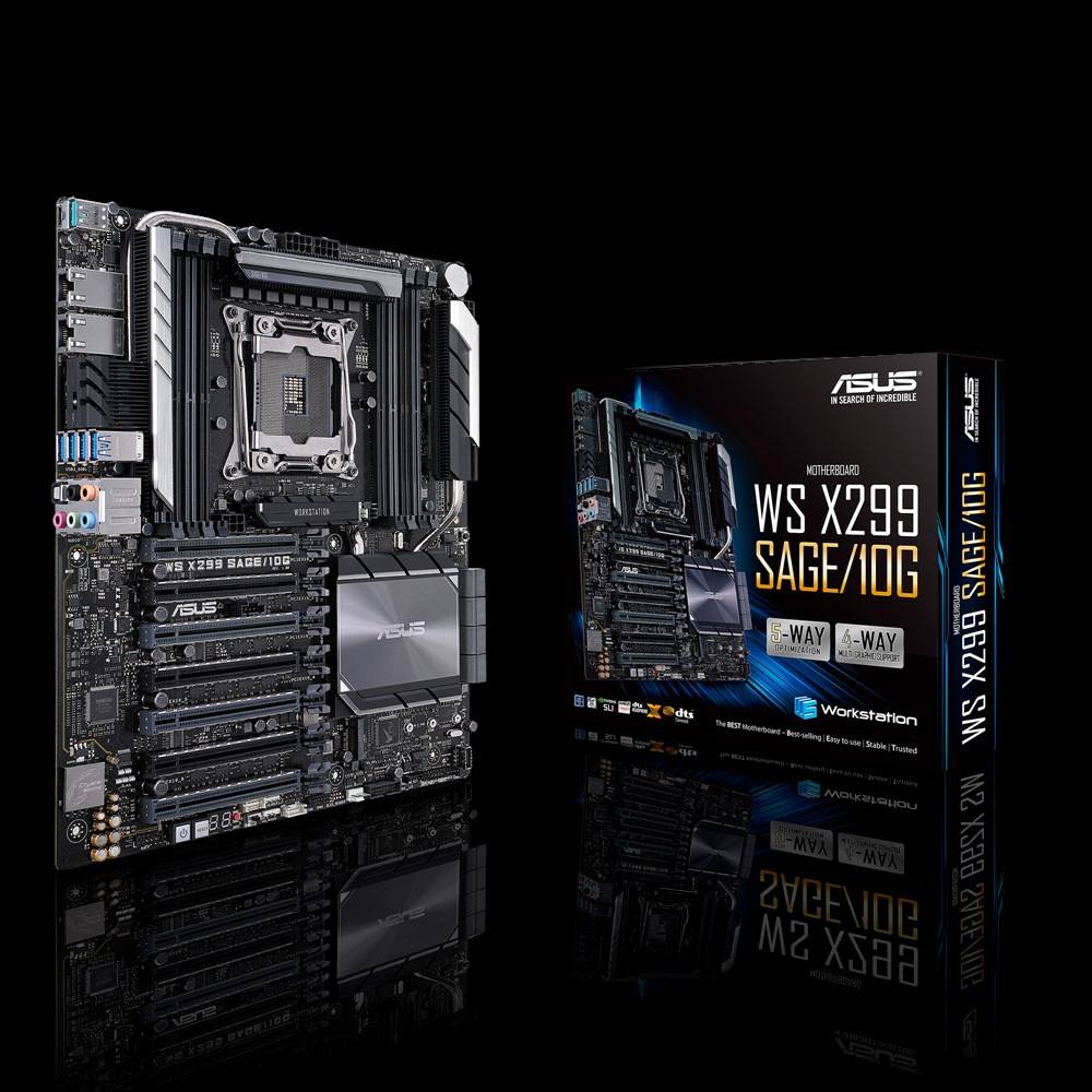 Ein ASUS WS X299 SAGE/10G Motherboard mit Verpackung. Hauptmerkmale: Unterstützung für leistungsstarke CPUs und erweiterte Schnittstellen.