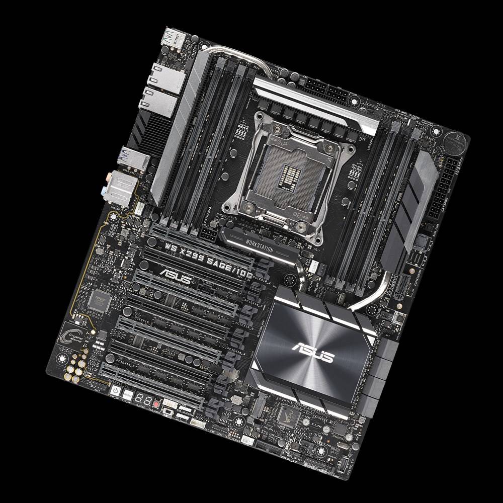 Ein Computer-Mainboard auf schwarzem Hintergrund, zeigt Steckplätze für RAM, Prozessor, Erweiterungskarten und Anschlüsse.