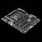 Eine Computer-Mainboard-Platine mit mehreren PCIe-Steckplätzen, RAM-Sockeln und Anschlüssen, auf schwarzem Hintergrund.