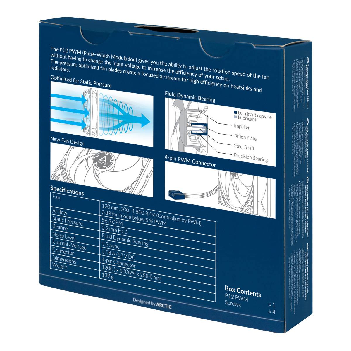 'ARCTIC P12 PWM Lüfterverpackung zeigt technische Spezifikationen und Designmerkmale. Enthält Glidlager, 4-poligen Stecker und optimiertes Flügeldesign.'